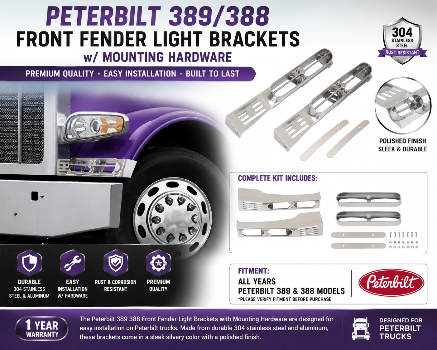 ☑️ Peterbilt 389 388 Front Fender Light Mounting Brackets 304 Stainless Pair