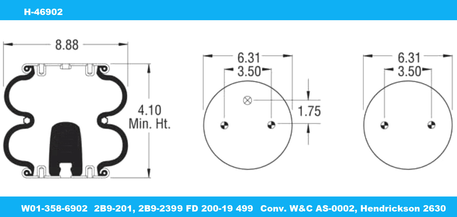 6910 Airbag, Air Spring Ref: Conv. W&C AS-0001, 2B9-200, Hendrickson 8768