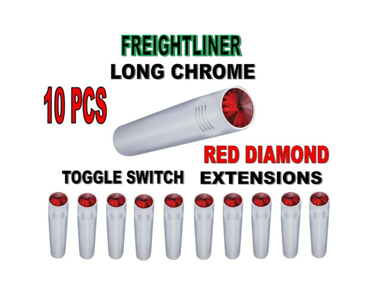 Freightliner Long Chrome Toggle Switch Extensions – Red set of 10