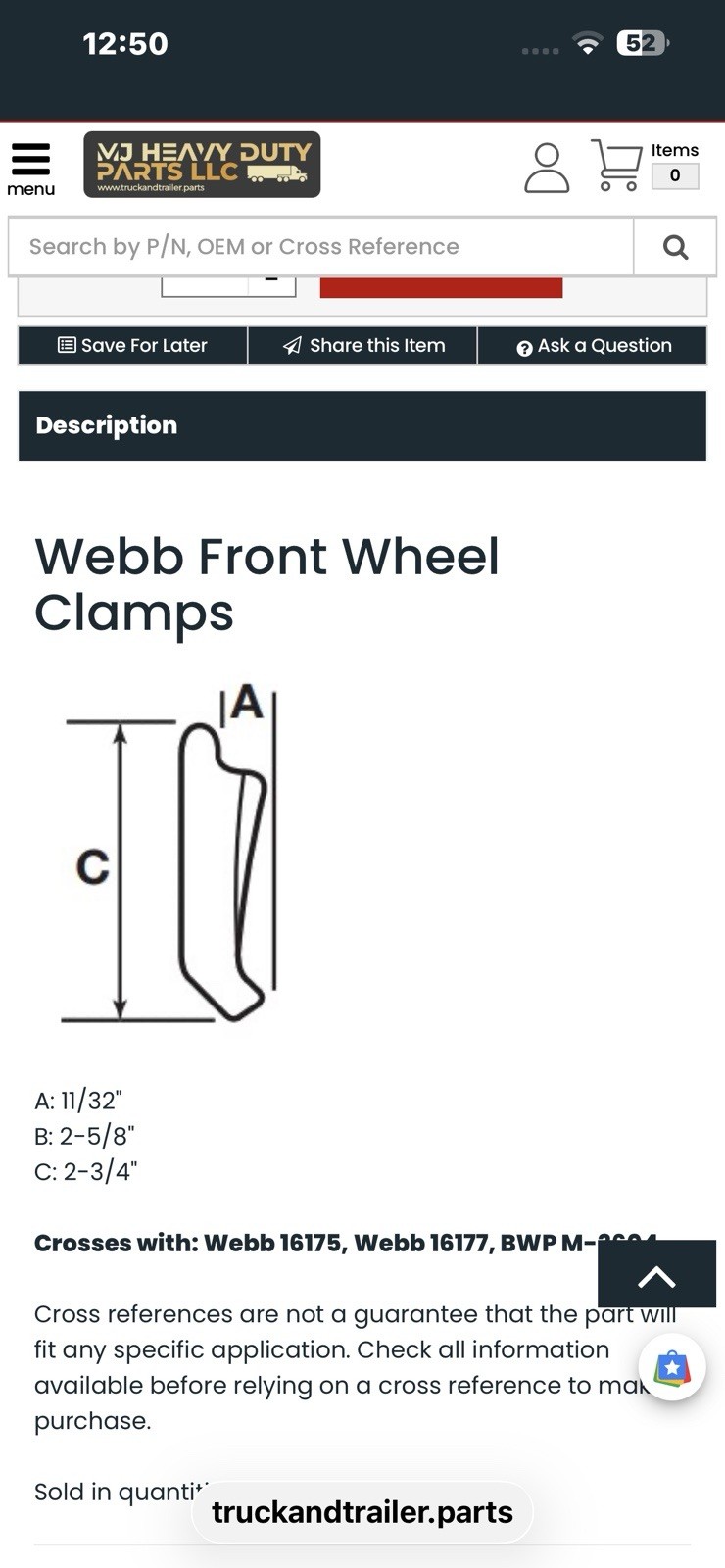 Webb Front Wheel Clamp. Part #16177 & 16175. New Old Stock. Large Truck&Trailer