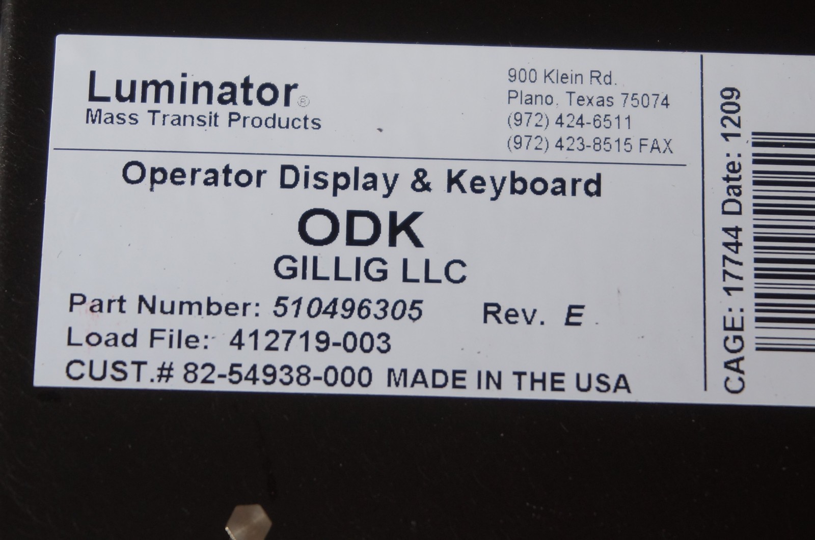 LUMINATOR Operator Dispaly Keyboard ODK, Gillig, 510496305, 1209804, 510453-305