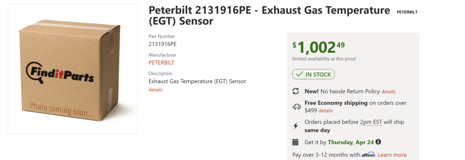 PACCAR Peterbilt Kenworth EGT Exhaust Gas Temperature Sensor 2131916PE *OEM NEW*