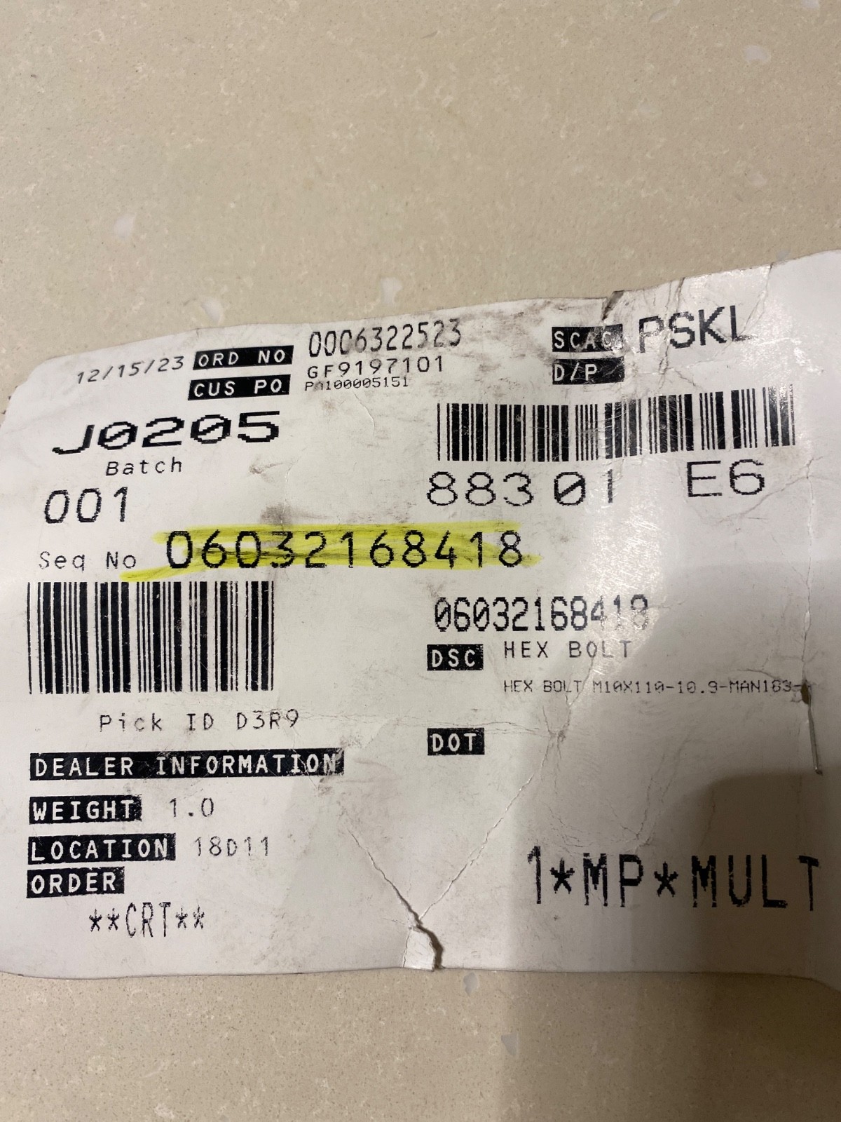 NAVISTAR PDC HEX BOLT M10X110-10.9-MAN183-B 06032168418
