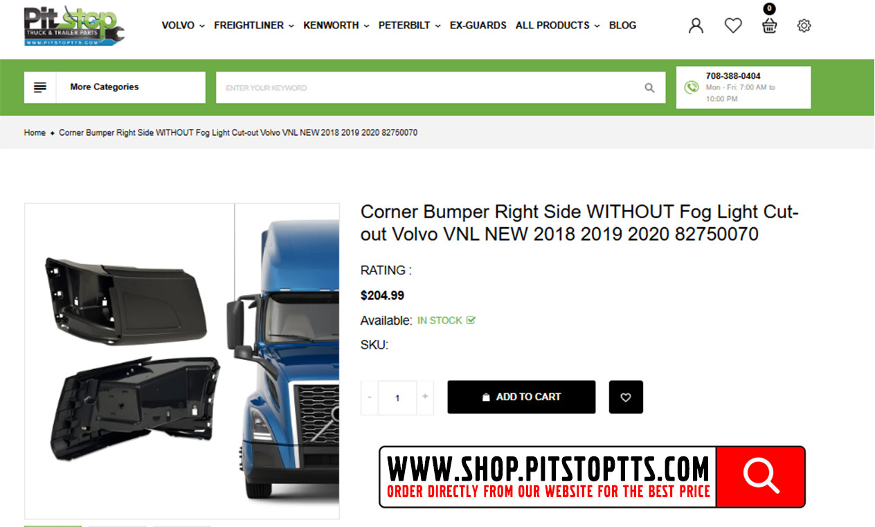 Volvo VNL NEW 2018 2019 2020 Corner Bumper Right Side WITHOUT Fog Light Cut-out