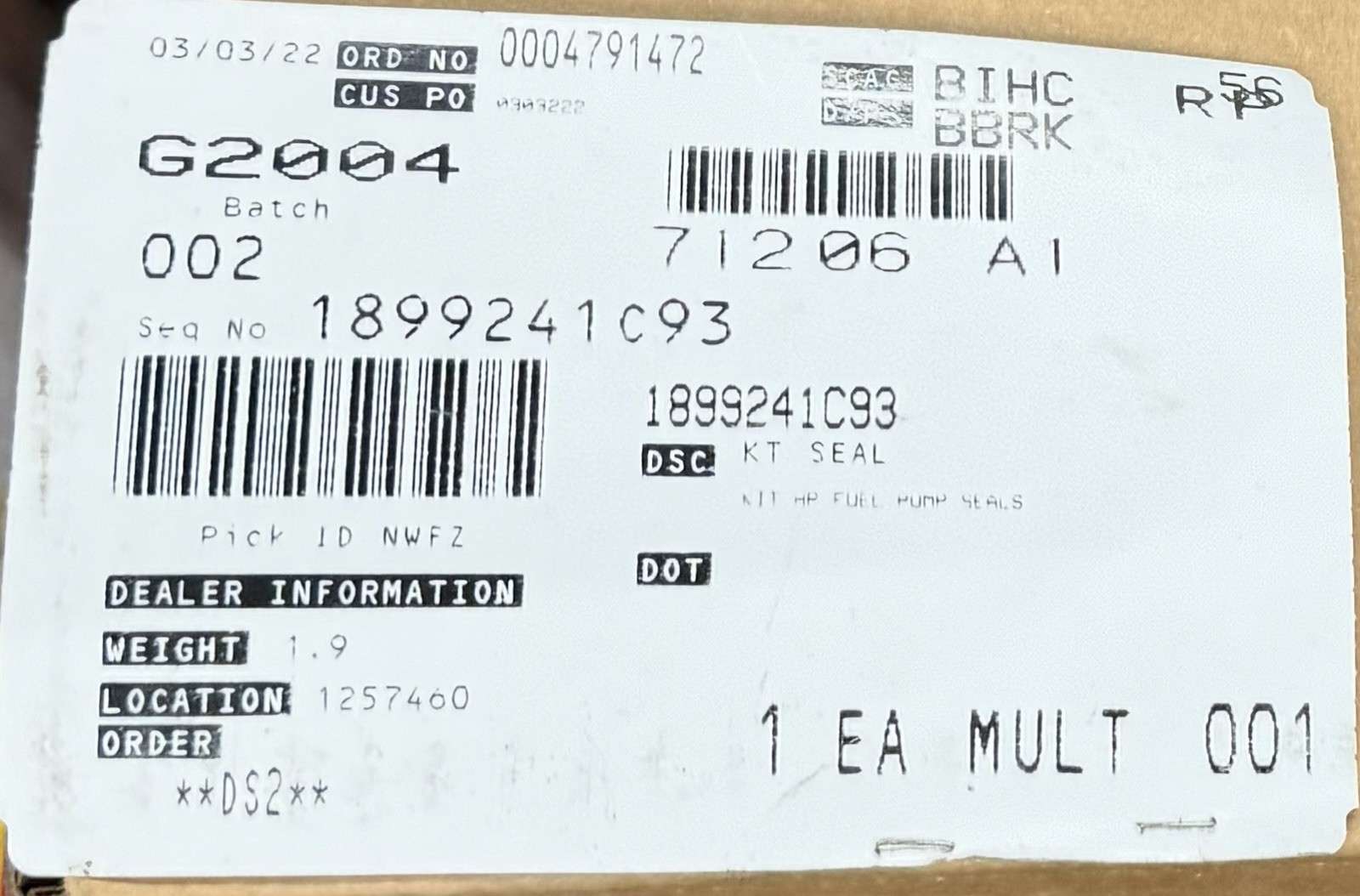 International Navistar 1899241C93 HP Fuel Pump Seal Kit OEM High Pressure FS New