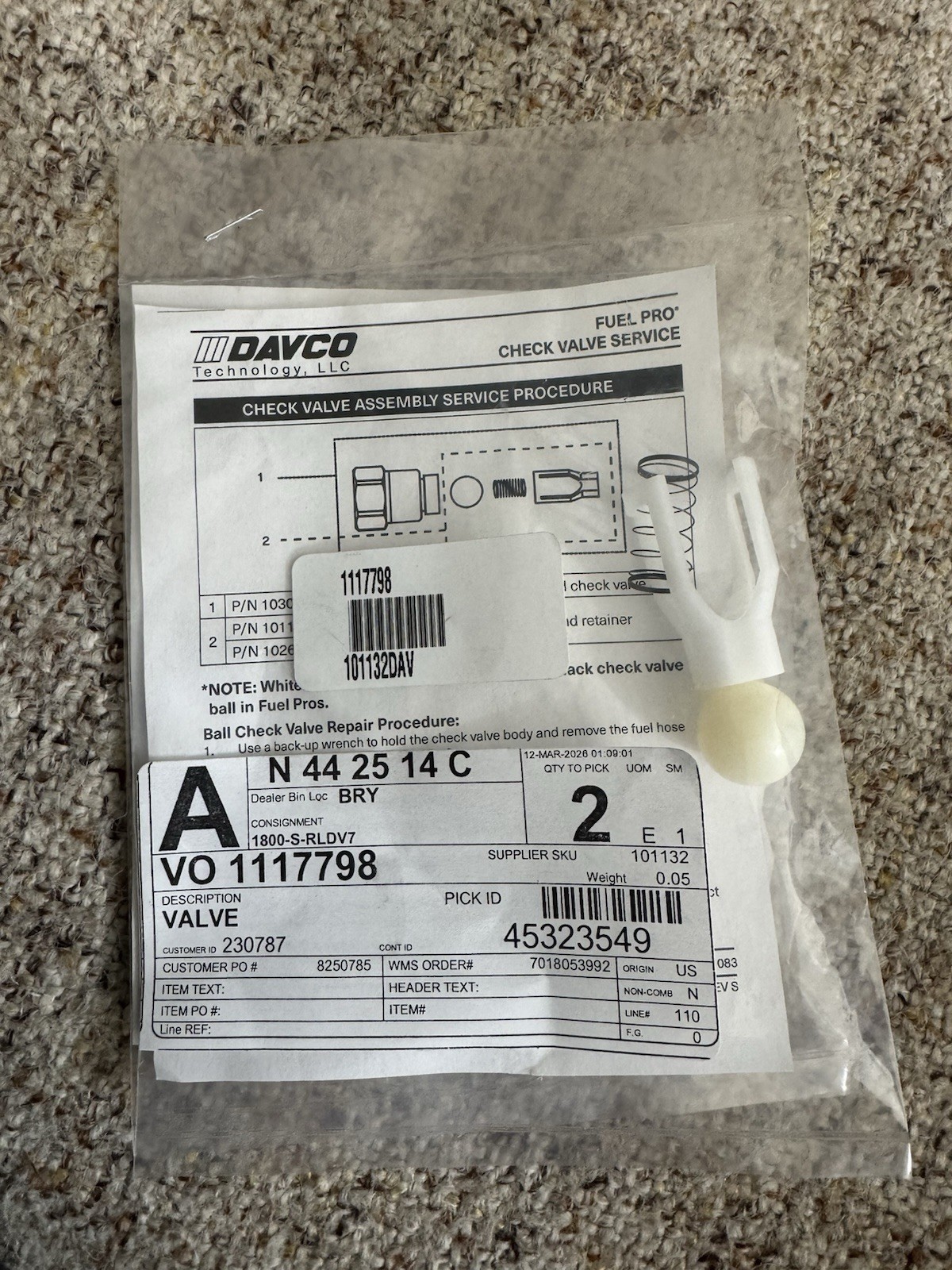 Davco Genuine OE DAV101132 Fuel Pro Check Valve Kit – 101132DAV 1117798