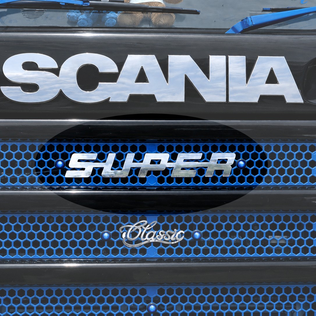 2mm STAINLESS STEEL SUPER studded grill badge Scania trucks (ALL SERIES)