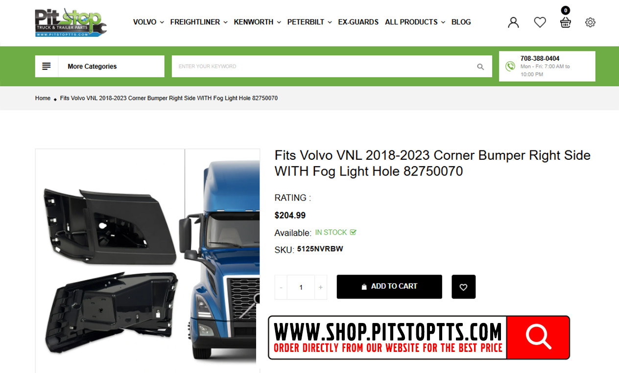 Volvo VNL Truck NEW 2018 2019 2020 Corner Bumper Right Side WITH Fog Light Hole