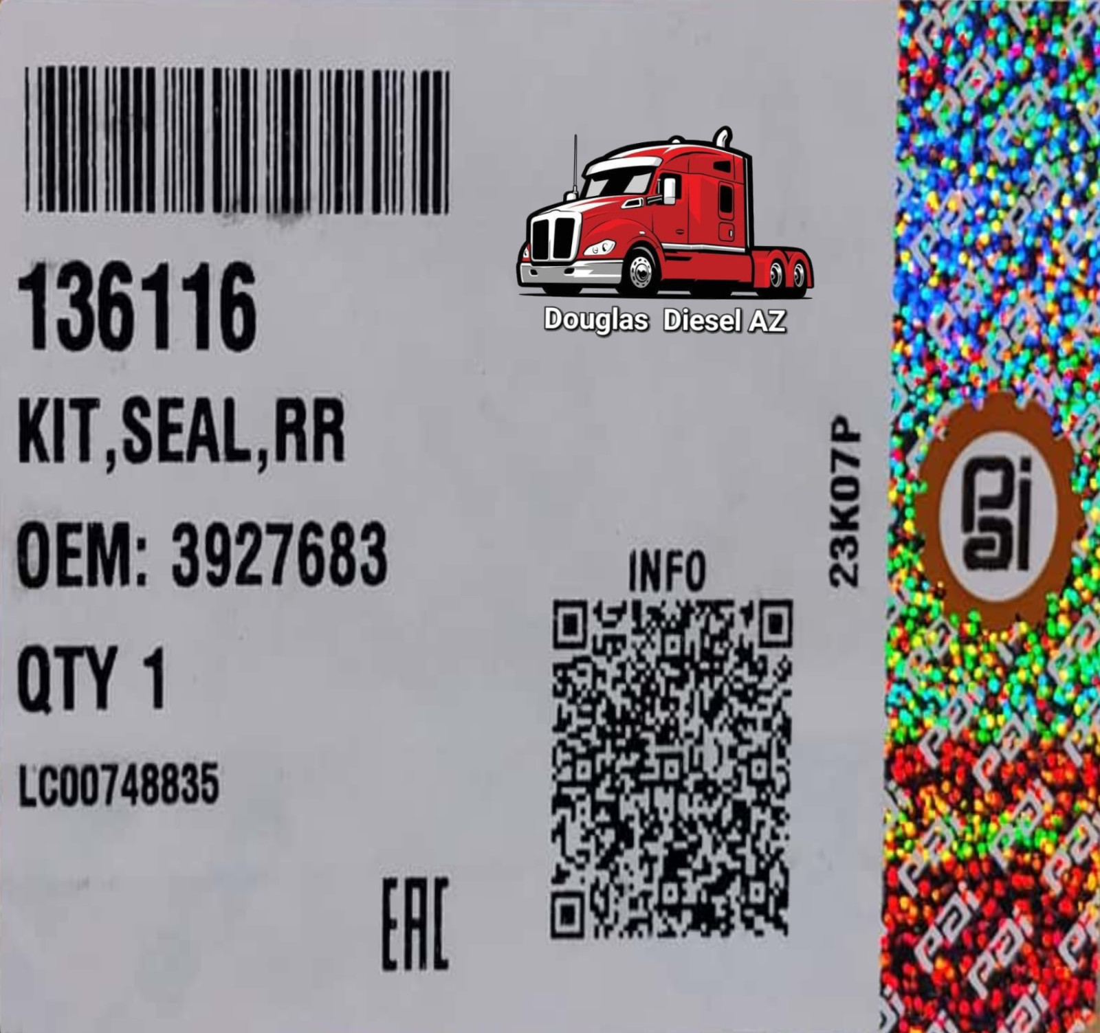 REAR CRANK SEAL KIT for 6B 4B & ISB. PAI # 136116 Ref. # CUMMINS 3927683 5528553