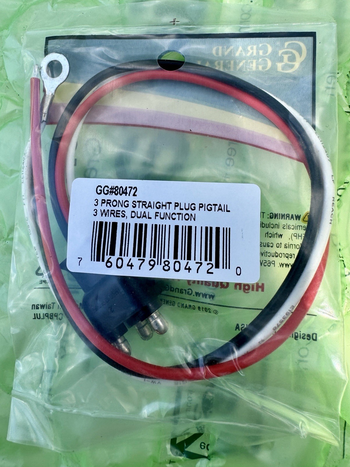 Grand General Accessories GG80472 3 Prong Straight Plug Pigtail 3 Wires Dual