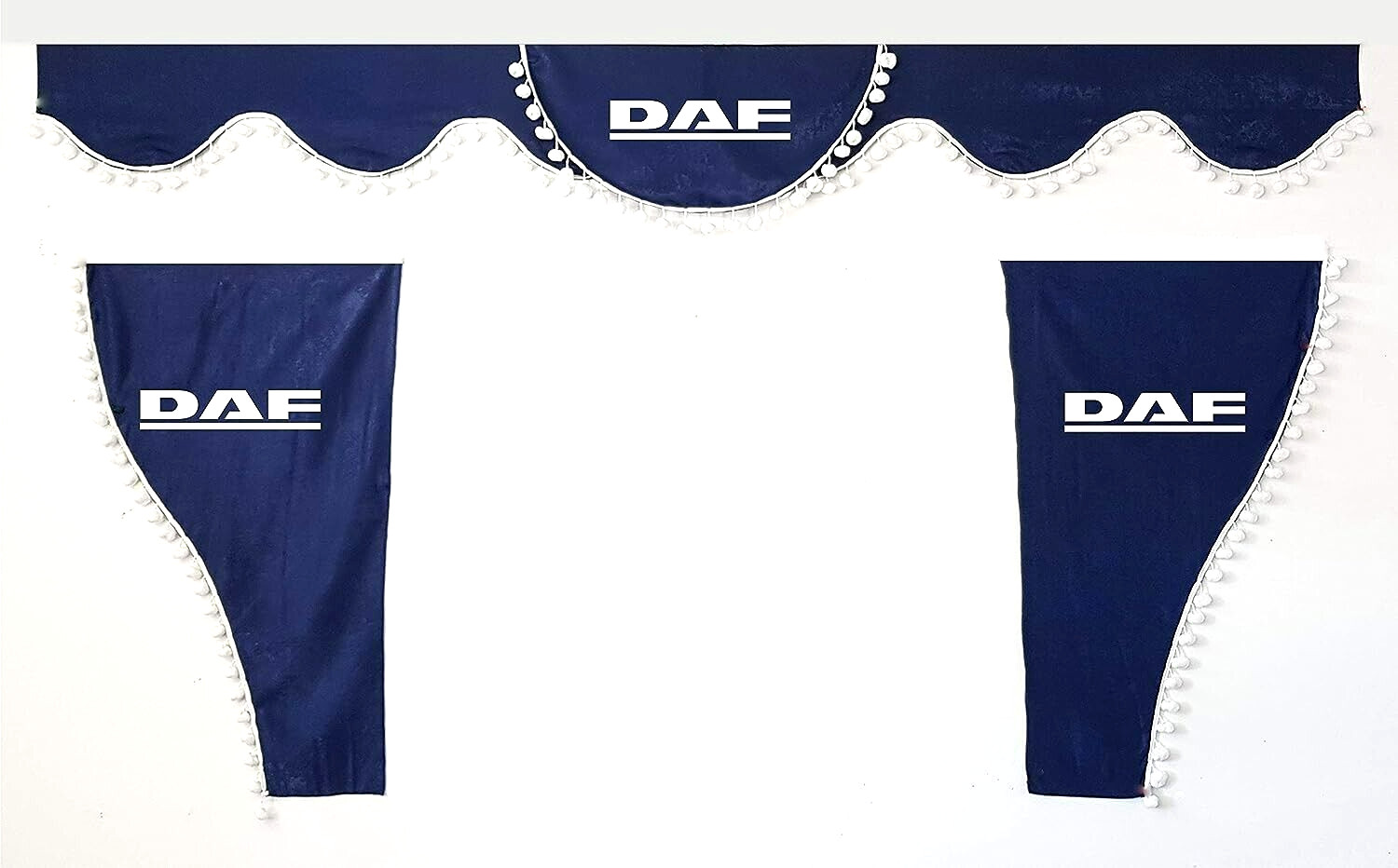 Truck Curtains Lux Set 3 pc for DAF 106 105 XF XG XD CF LF Blue & White Pom-Poms