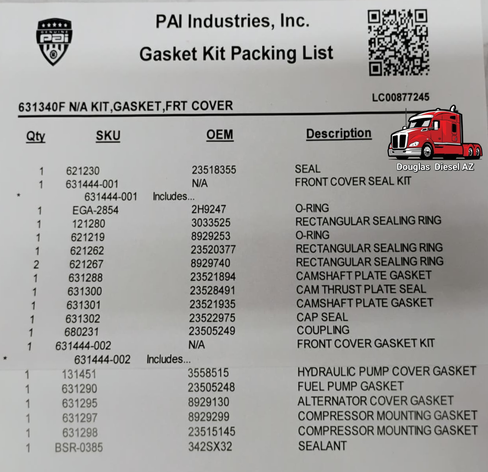 FRONT COVER GASKET KIT for 12.7L DETROIT DIESEL 60 SERIES ENGINES. PAI # 631340F
