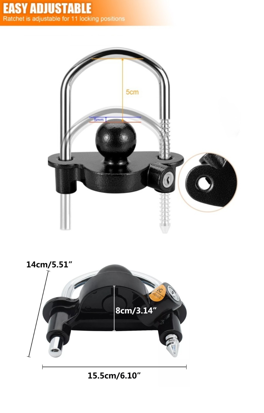 Trailer Hitch Lock 50mm Tow Ball Towing Bar Security Coupling Adjustable 2 Keys