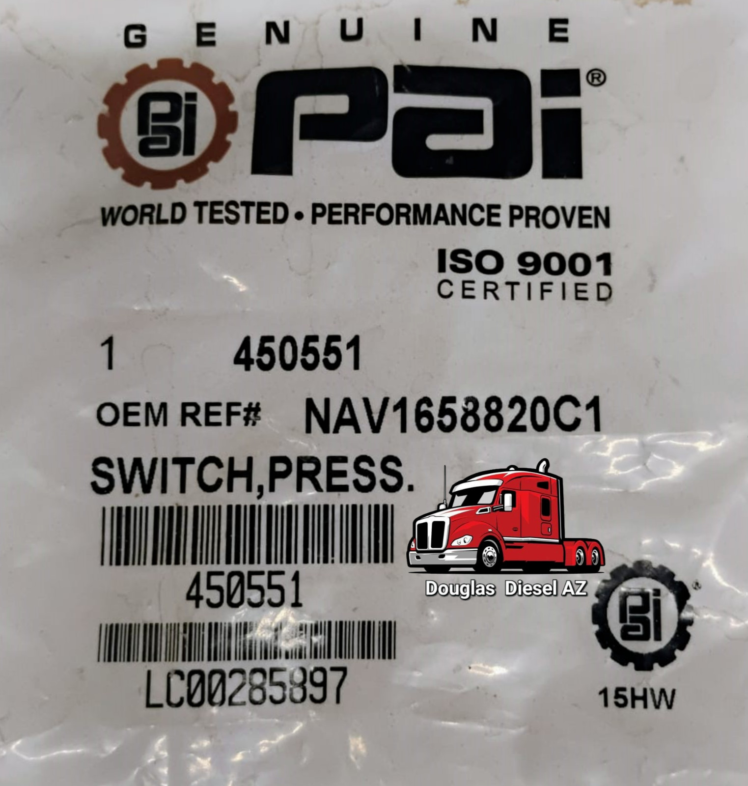 LOW AIR PRESSURE SWITCH 1/8in-27 NPT. PAI# 450551. Ref.# INTERNATIONAL 1658820C1