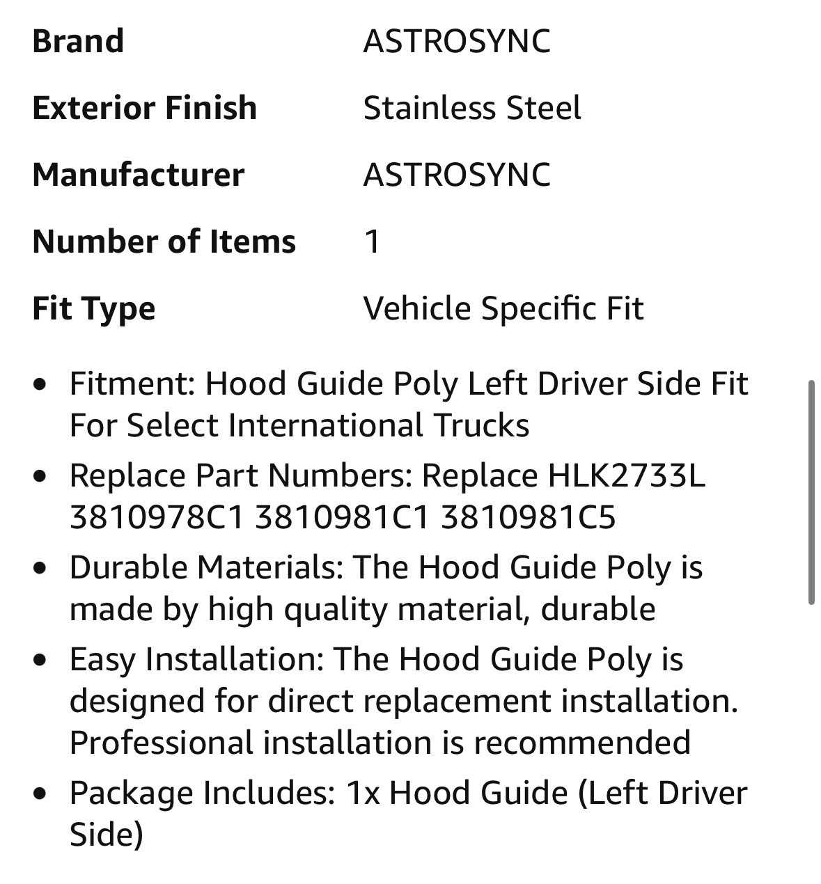 Hood Guide Poly Left Driver Side IHC HLK2733L Fits Select International Trucks