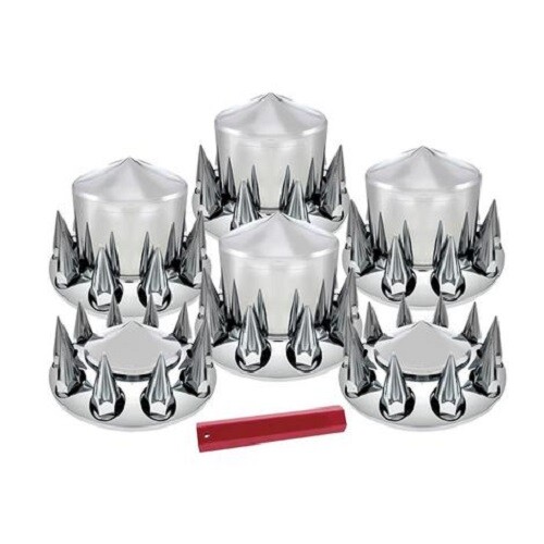 CHROME POINTED AXLE COVER COMBO KIT W/ 33mm SPIKE NUT COVERS & LUGNUT TOOL
