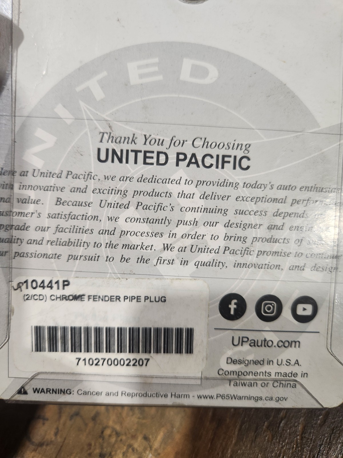 Pkg of 2** United Pacific 10441P Quarter Fender Bracket End Chrome Plug 2” OD
