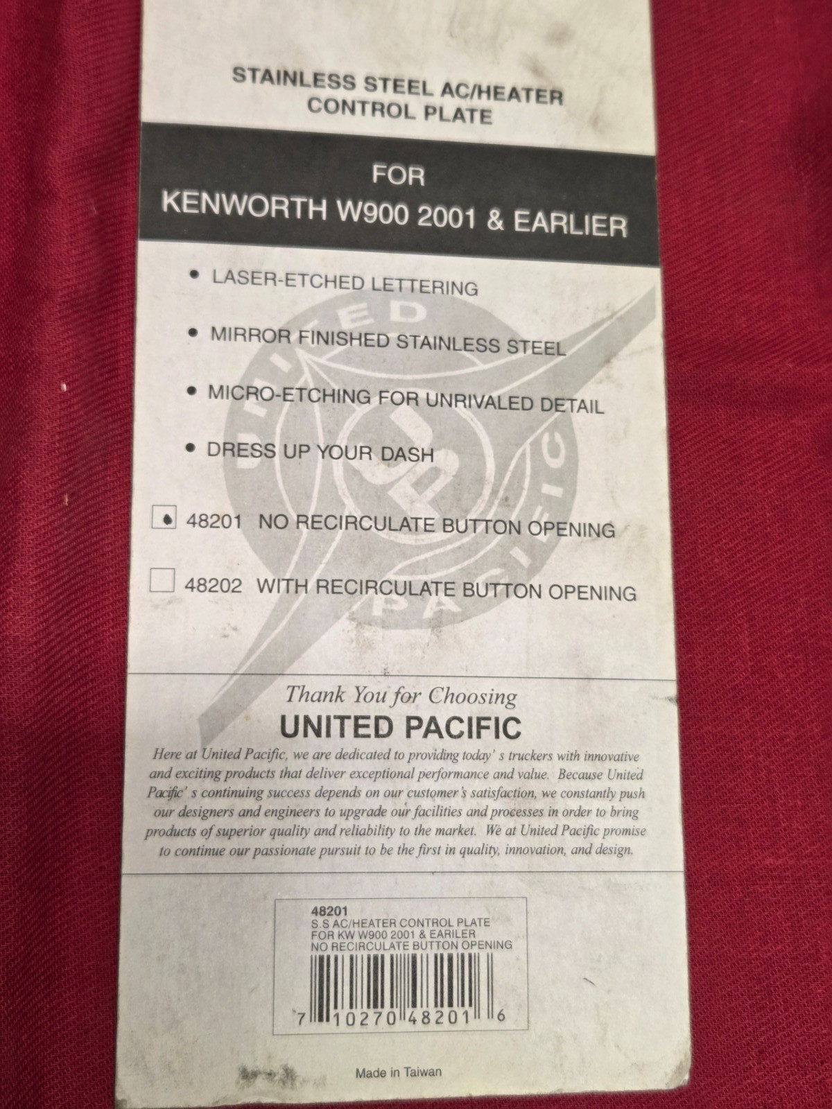 UNITED PACIFIC CHROME a/c control plate TRIM # 48201 for kw w900 2001 & earlier