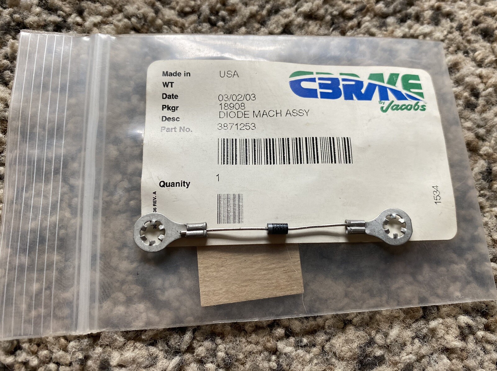 CBRAKE by Jacobs Cummins 3871253 Diode Machined Assembly NOS