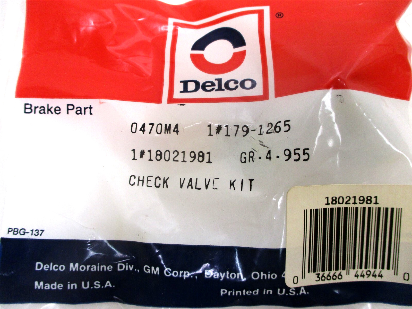 179-1265 NEW OEM DELCO GM BRAKE BOOSTER VACUUM CHECK VALVE KIT 18021981