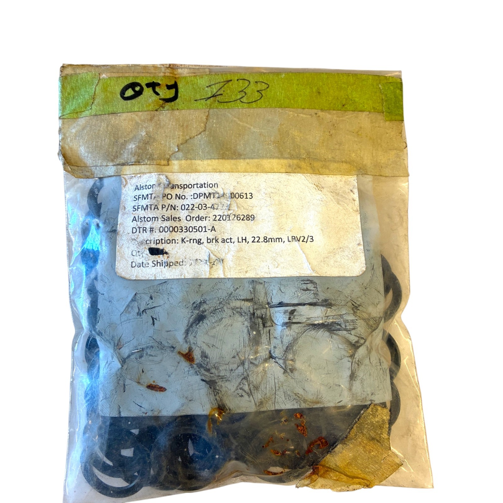 Alstom SFMTA 022-03-4773 K-Ring Seal Brake Actuator LH 22.8mm LRV2/3, 133 Pcs