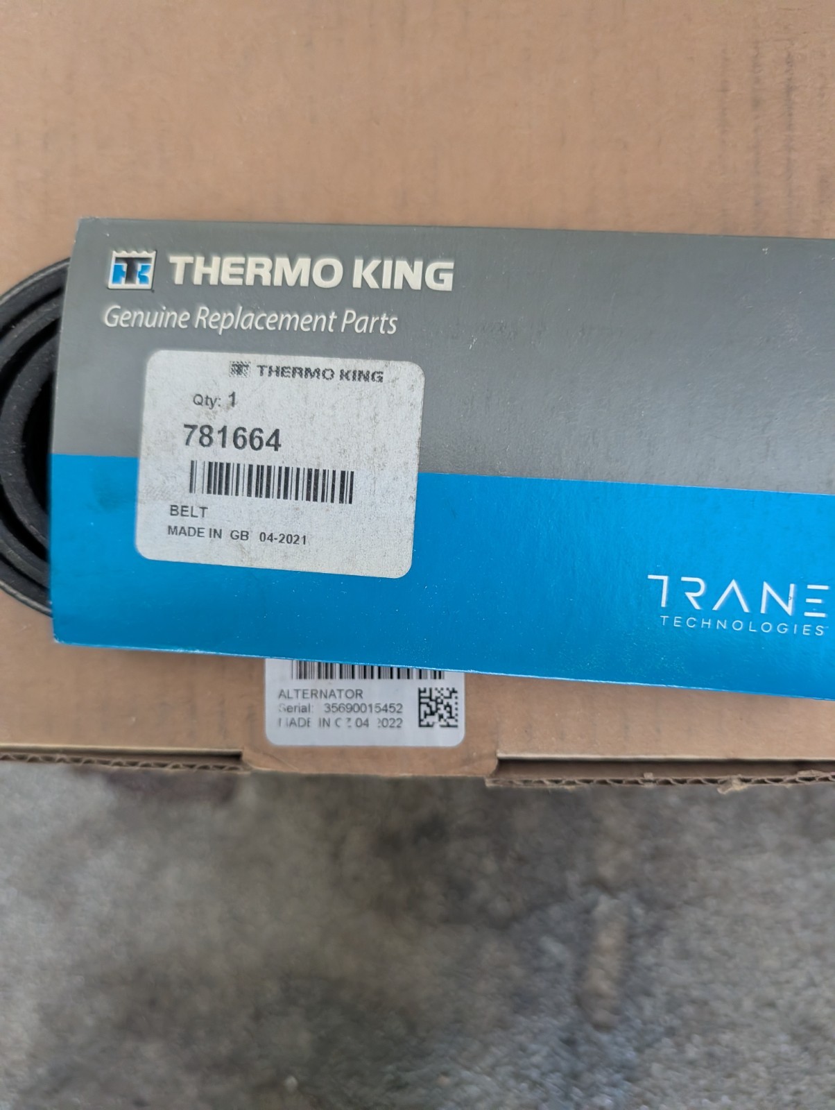 OEM Genuine Thermo King 65A Alternator 452668 and serpentine belt 781664