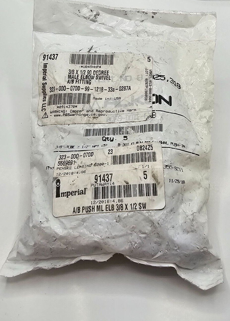 (QTY 5) Imperial Air Brake 90° Swivel Elbow Fitting 3/8″ x 1/2″ 91437