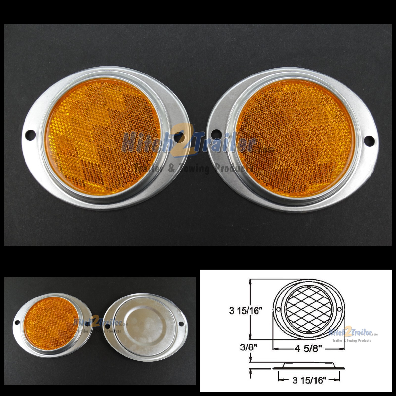 (2) Amber 3″ Round Truck Semi Trailer Mail Box Reflex Reflectors / Aluminum Base