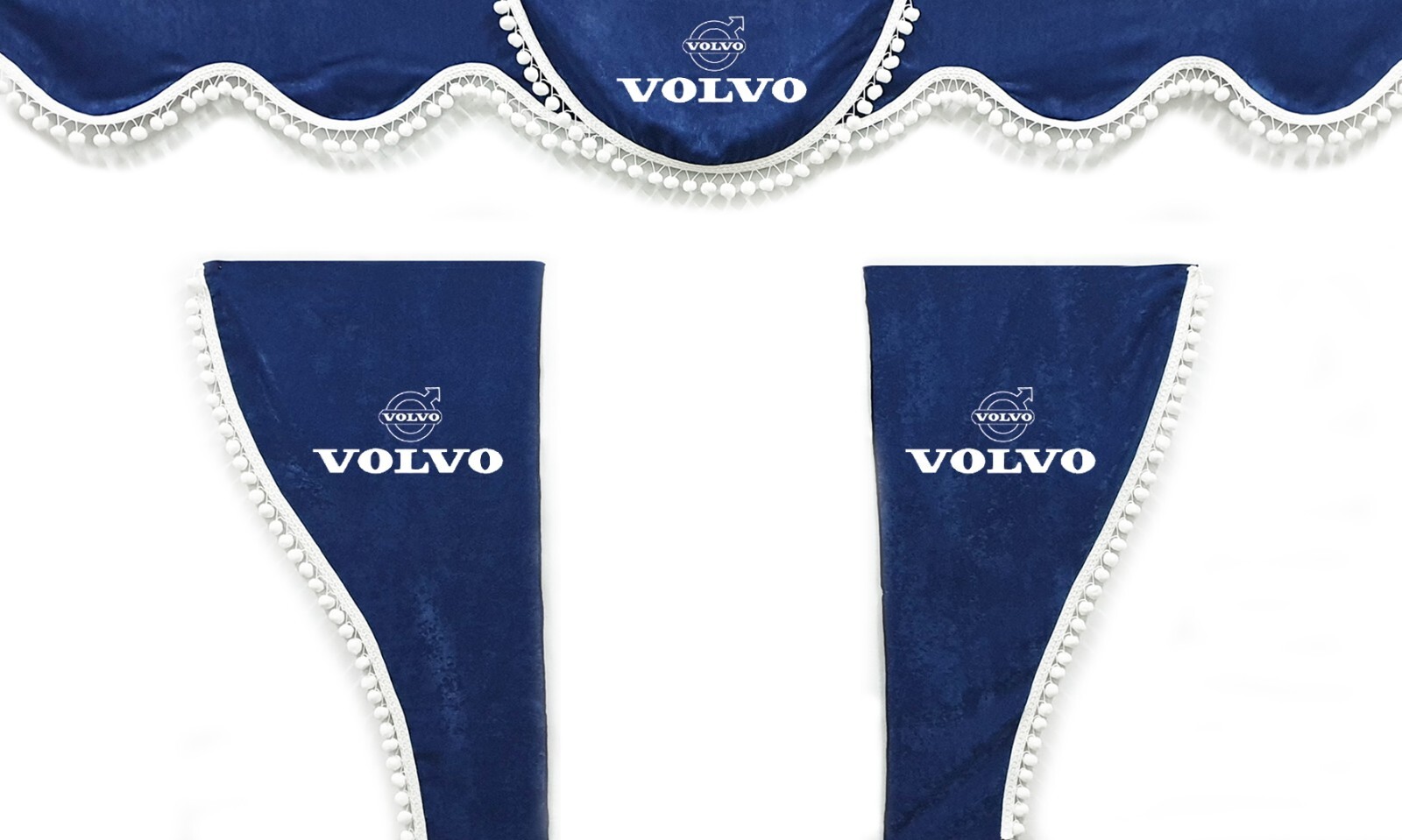 Truck Curtains for VOLVO VNL VNR VNX FH FH3 FH4 FH5 FM FMX Blue & White PomPoms