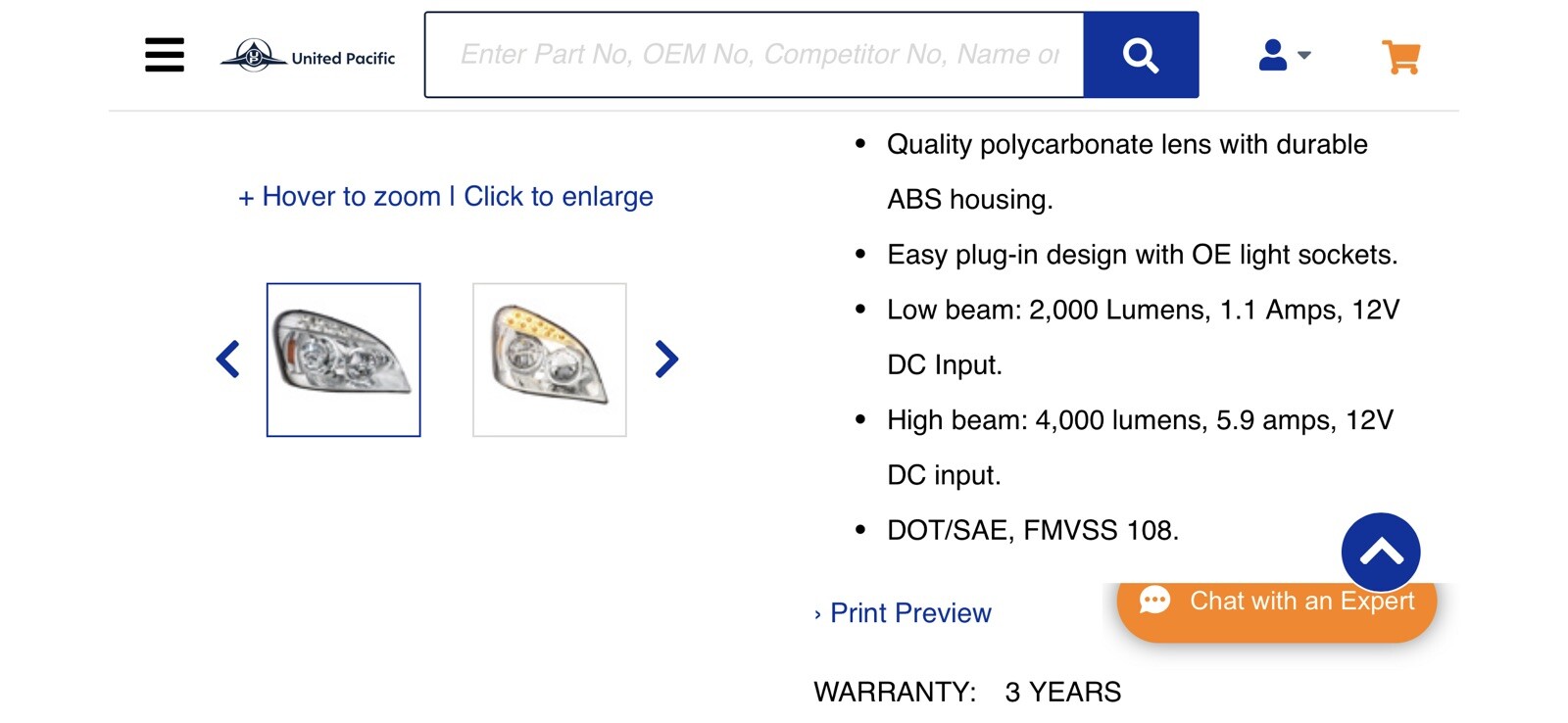 2008-2017 Freightliner Cascadia All LED Headlight Passenger Side Only. Chrome