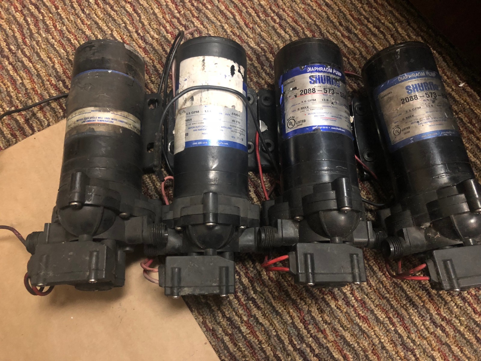 LOT OF 4 SHURFLO 2088-573-534 PREMIUM SURFACE DIAPHRAGM 24VDC PUMPS, AS IS/PARTS