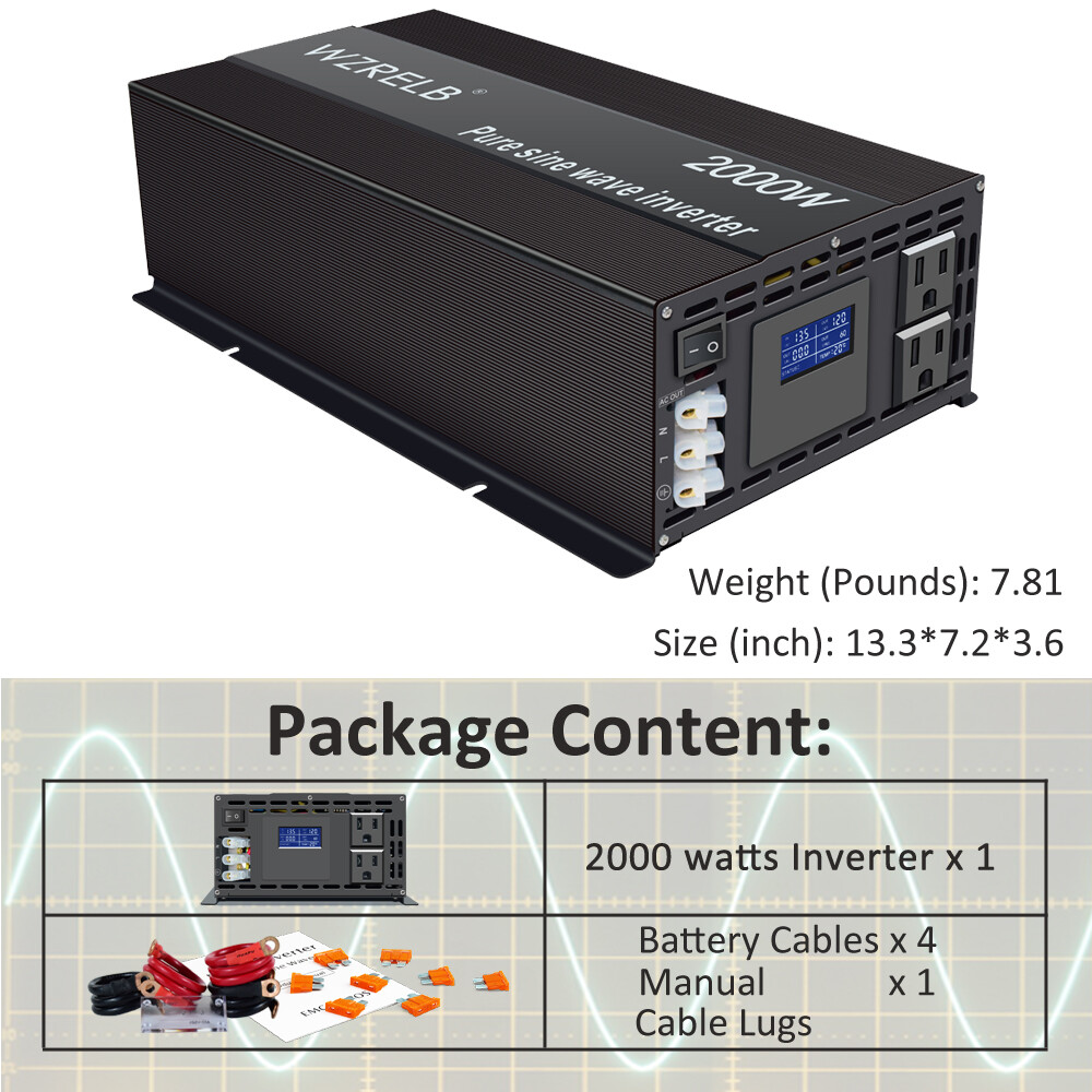 12V to 120V Pure Sine Wave Power Inverter 2000W Car Power Supply DC to AC Motor