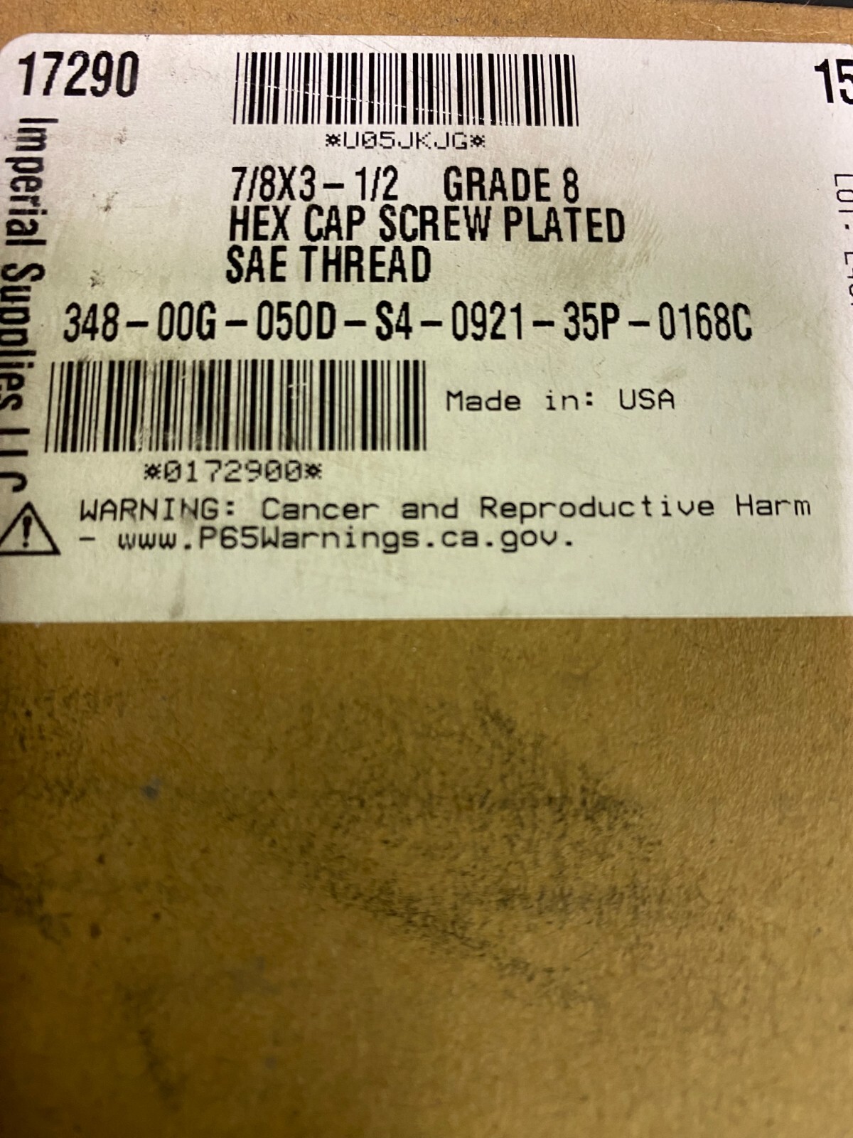 IMPERIAL SUPPLIES, 17290, 7/8 X 3 1/2, 8 GAUGE HEX BOLT, BOX OF 15 NEW OLD STOCK