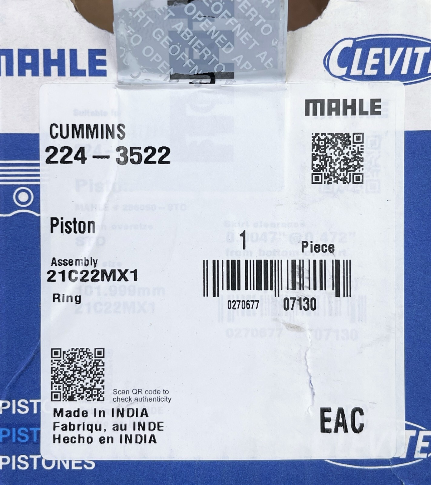 Mahle Clevite 224-3522 Piston Set