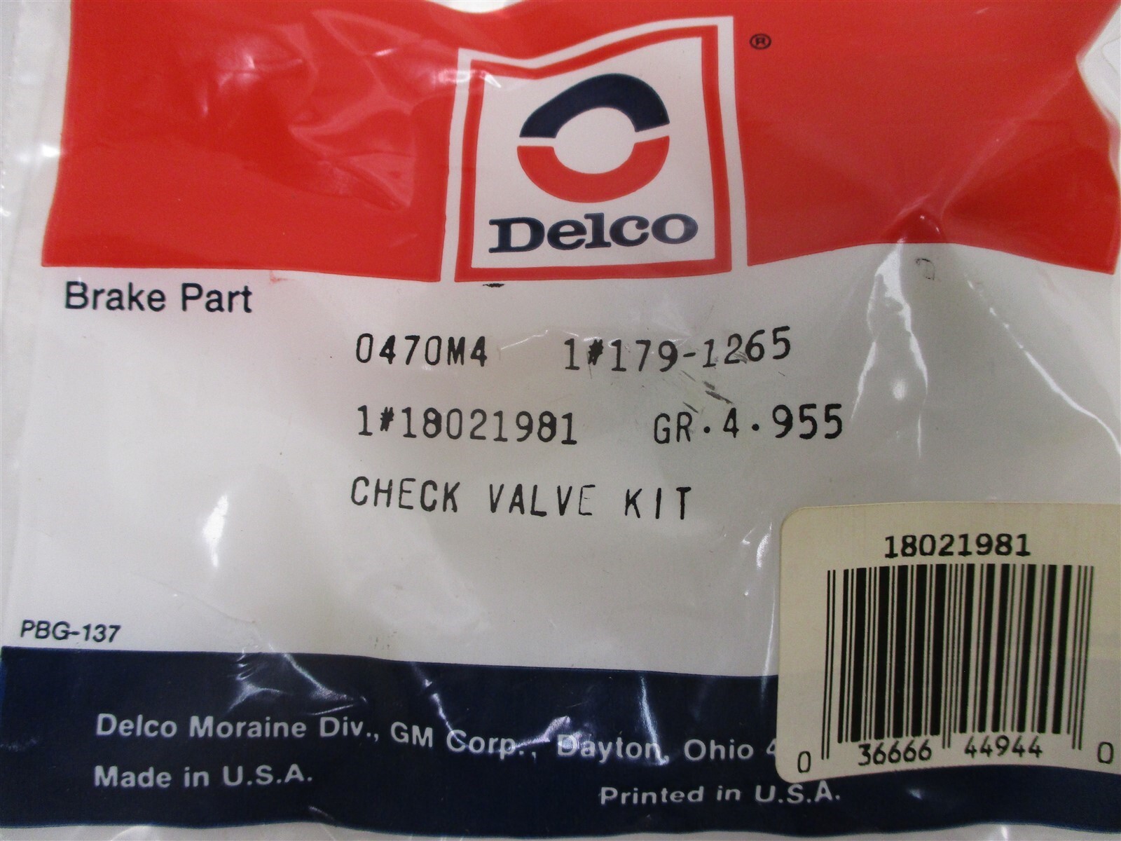179-1265 NEW OEM DELCO GM BRAKE BOOSTER VACUUM CHECK VALVE KIT 18021981