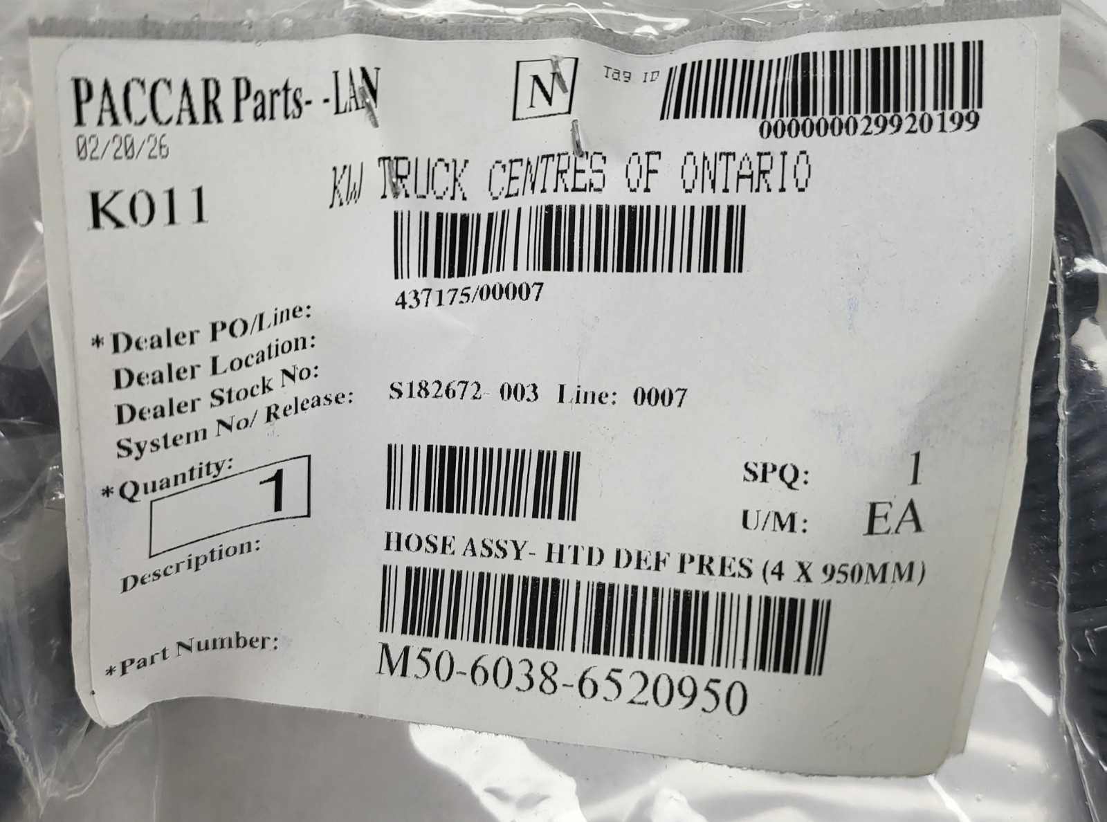 NEW OEM PACCAR Kenworth M50-6038-6520950 DEF Pressure Hose Assembly HTD 4x950mm