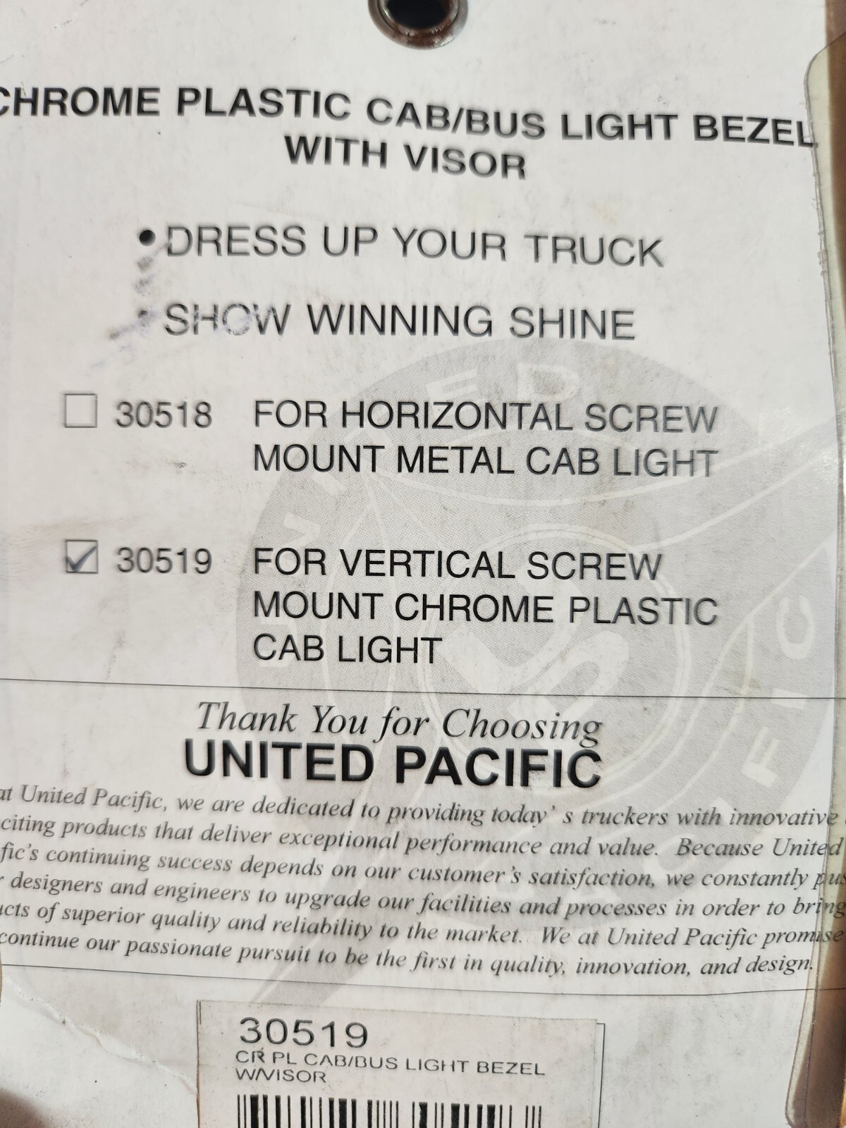 Qty 2** United Pacific 30519 Cab Round Light Bezel- Vertical Visor
