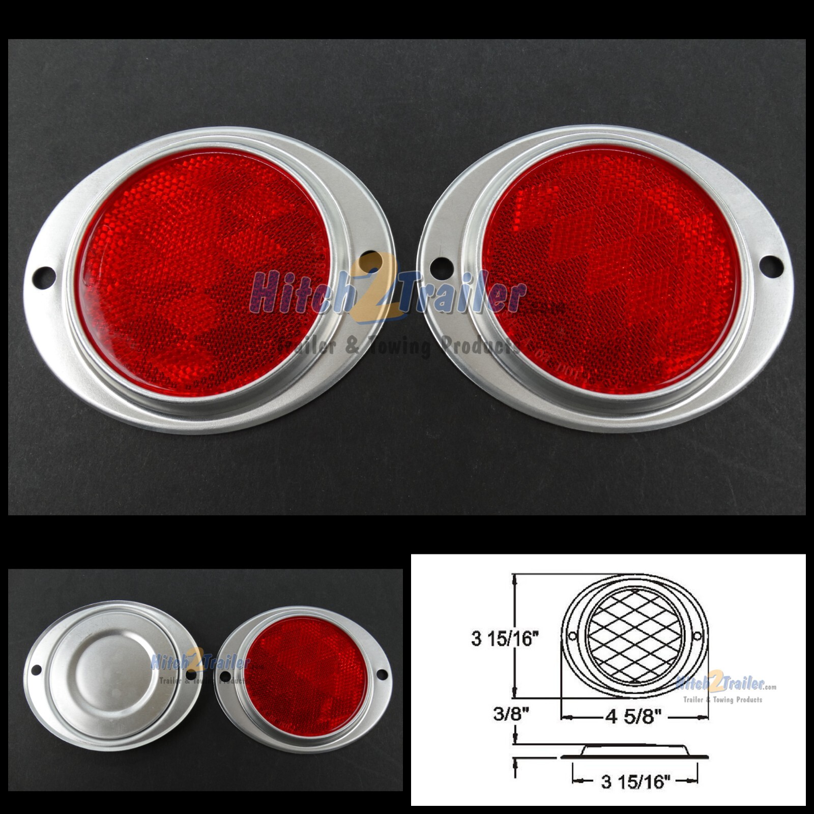 (2) Red 3″ Round Truck Semi Trailer Mail Box Reflex Reflectors / Aluminum Base