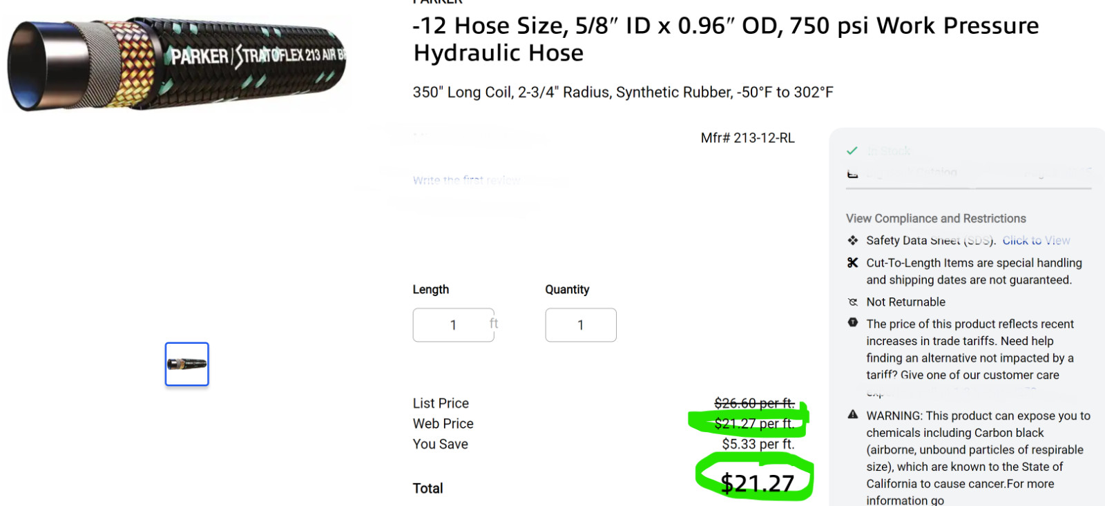 67” 213-12 Parker 5/8” Transportation Hose #12 Re-usable Swivel Female [A4S3]