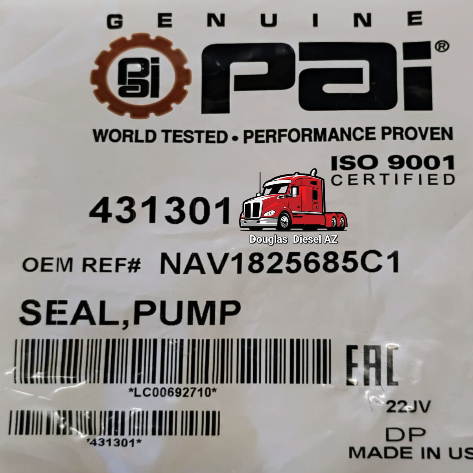 HIGH PRESSURE FUEL PUMP SEAL for DT466E PAI# 431301 Ref# INTERNATIONAL 1825685C1