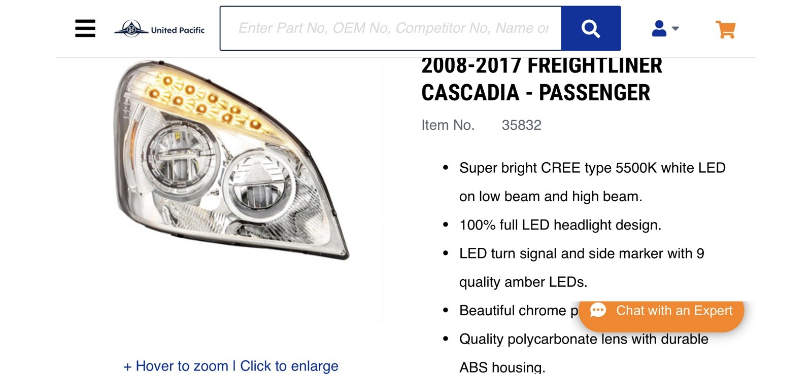 2008-2017 Freightliner Cascadia All LED Headlight Passenger Side Only. Chrome