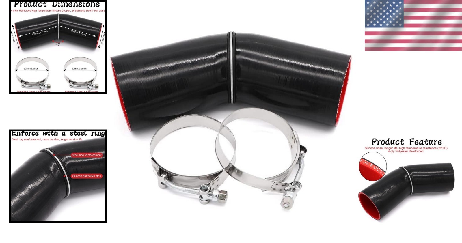 Temperature-Resistant 4-Ply 45° Silicone Elbow Hose with Clamps, 102mm Length