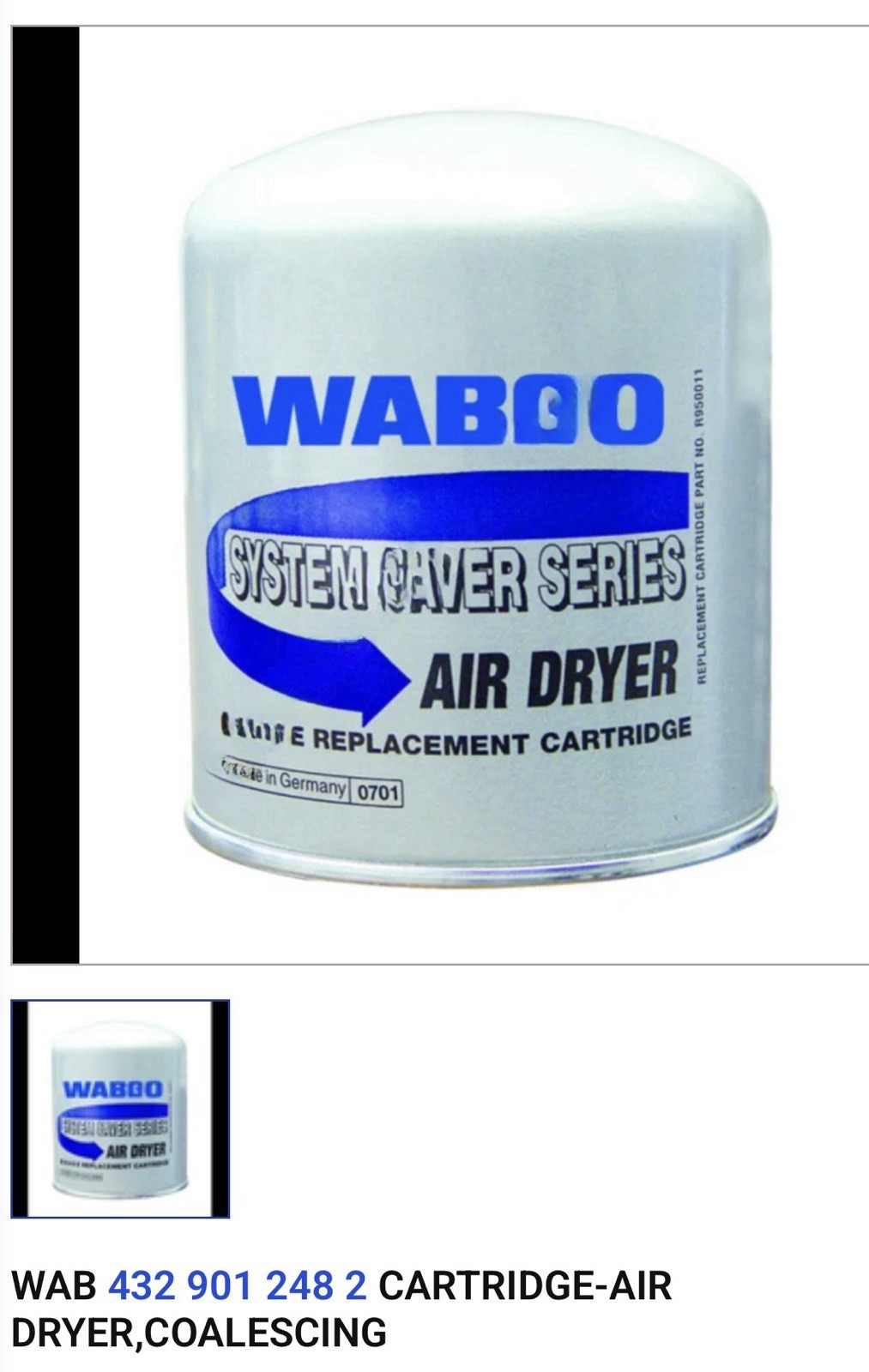 WAB 432 901 248 2 Air Dryer Cartridge, Coalescing for Wabco