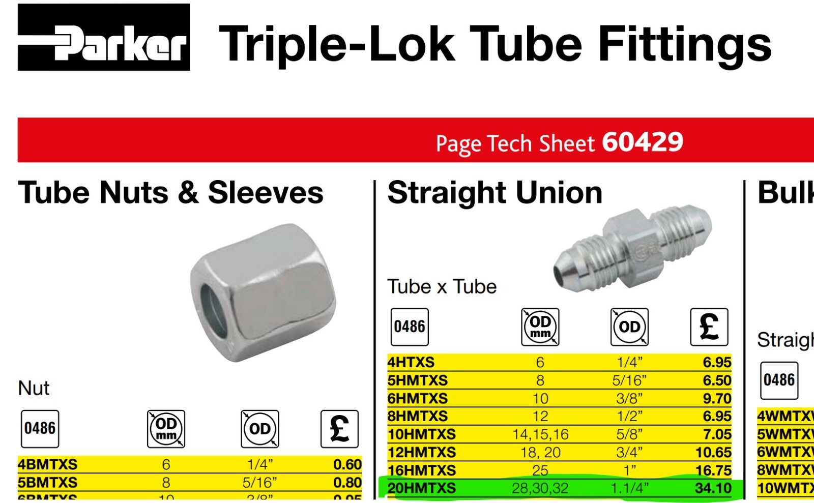 Parker 20HMTXS Triple-Lok 37° JIC Union 1 ¼ x 1 ¼ (1 5/8”-12) [Z1]#14