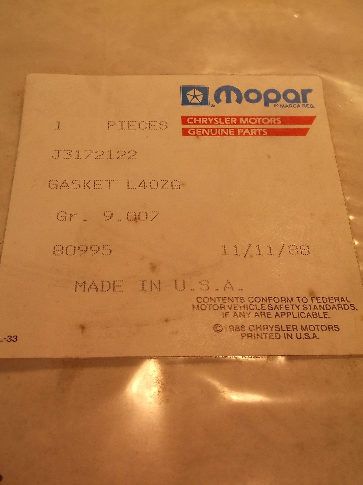 NEW Chrysler Mopar Jeep Gasket J3172122 *FREE SHIPPING*