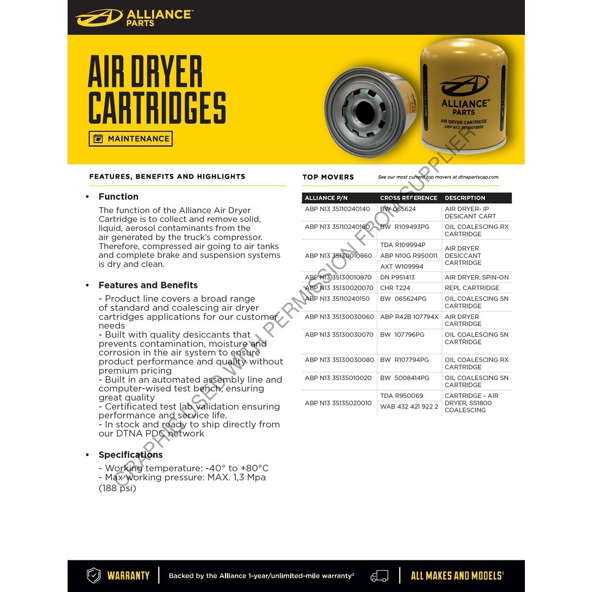 ALLIANCE Air Dryer Cartridge ABP N13 35130030070