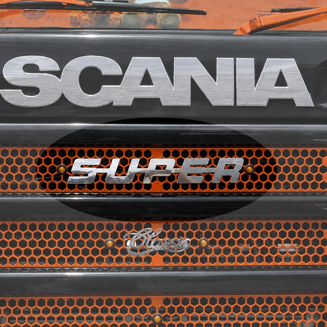 2mm STAINLESS STEEL SUPER studded grill badge Scania trucks (ALL SERIES)