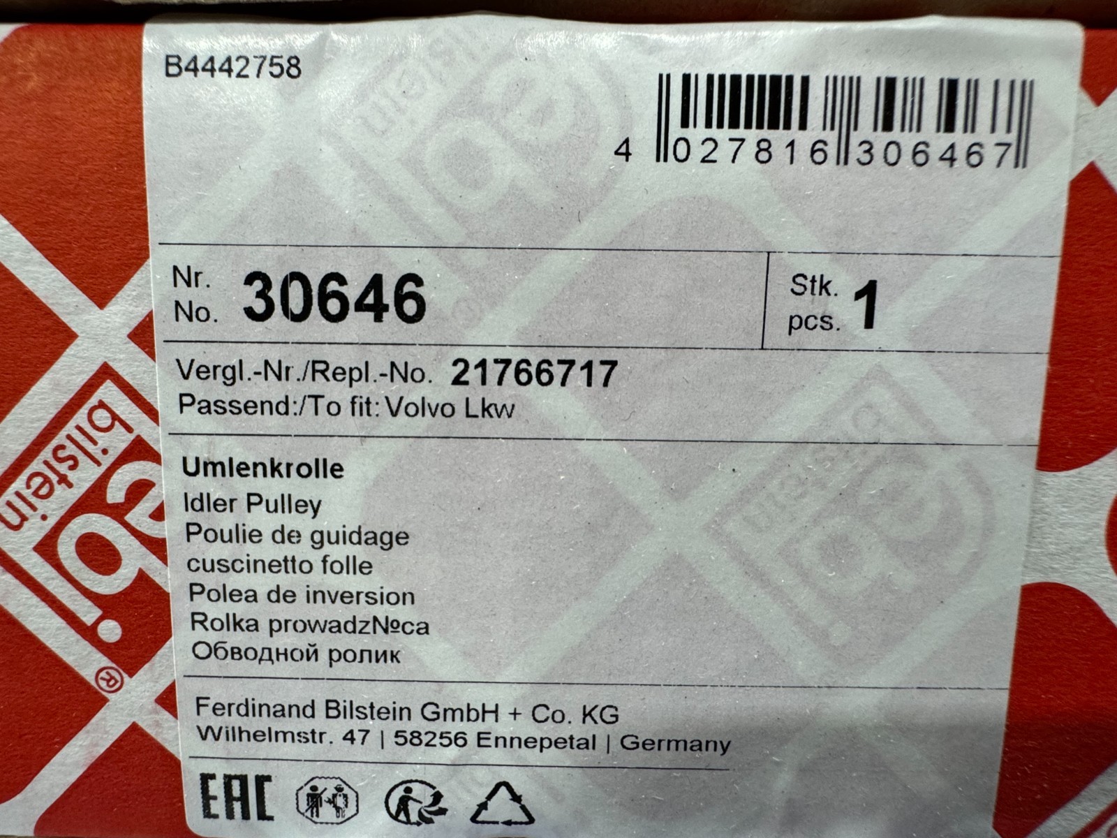 Volvo D13 Idler Pulley 22696301 Febi brand made in Germany