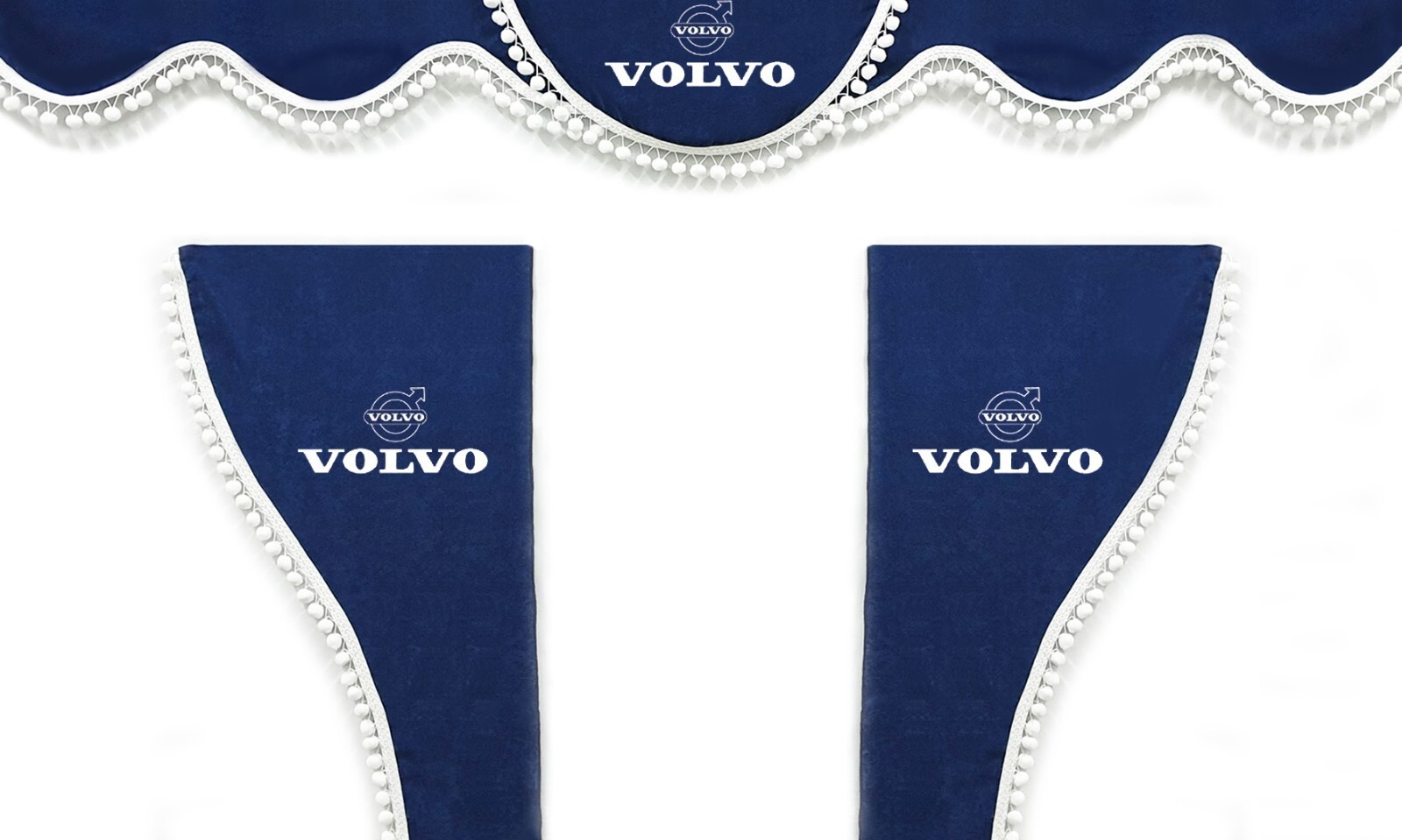 Truck Curtains for VOLVO VNL VNR VNX FH FH3 FH4 FH5 FM FMX Blue & White PomPoms