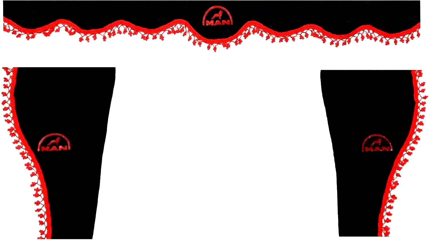 Truck Curtains for MAN Trucks 3 pcs Black with Red Tassels USA DUTY PAID